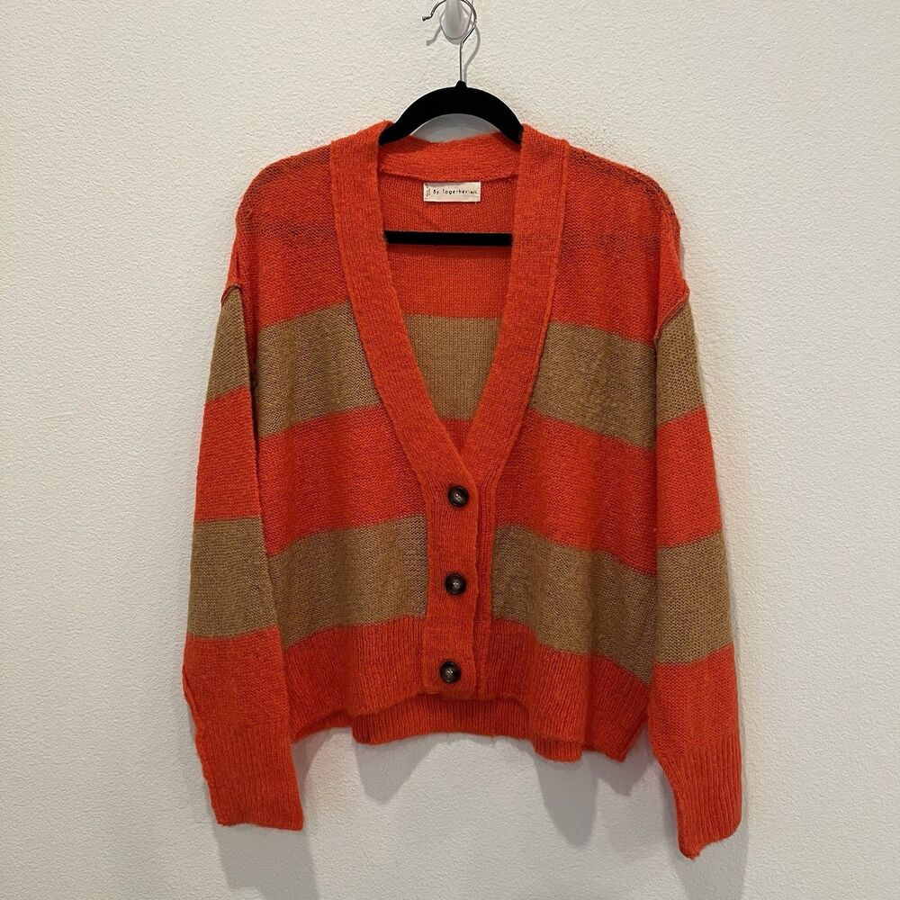 By Together women coral tan cardigan boxy outseam alpaca sweater colorful  M/L